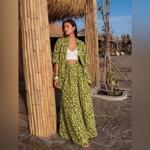 Vintage silk wide leg pull on elastic waistband button down shirt set oversized